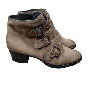 Paul Green Womens Soho Suede Studded Ankle Booties Size 7.5 Taupe Triple Buckle